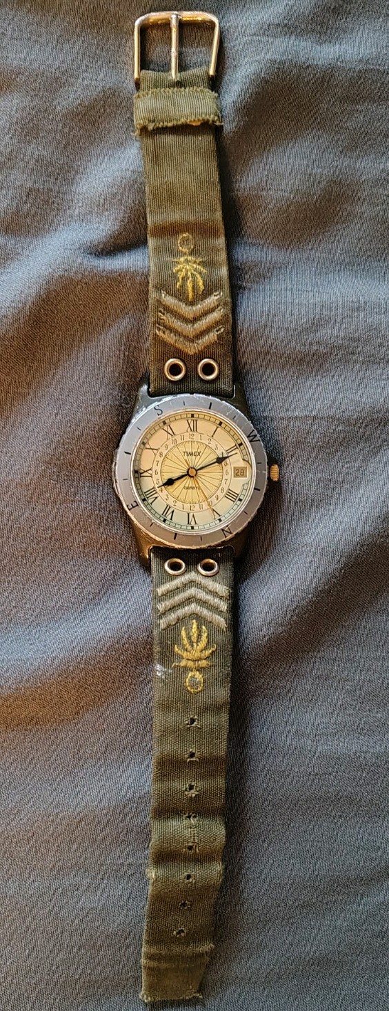 Vintage Timex Military Style Quartz Watch Cream Dial Green Canvas Strap