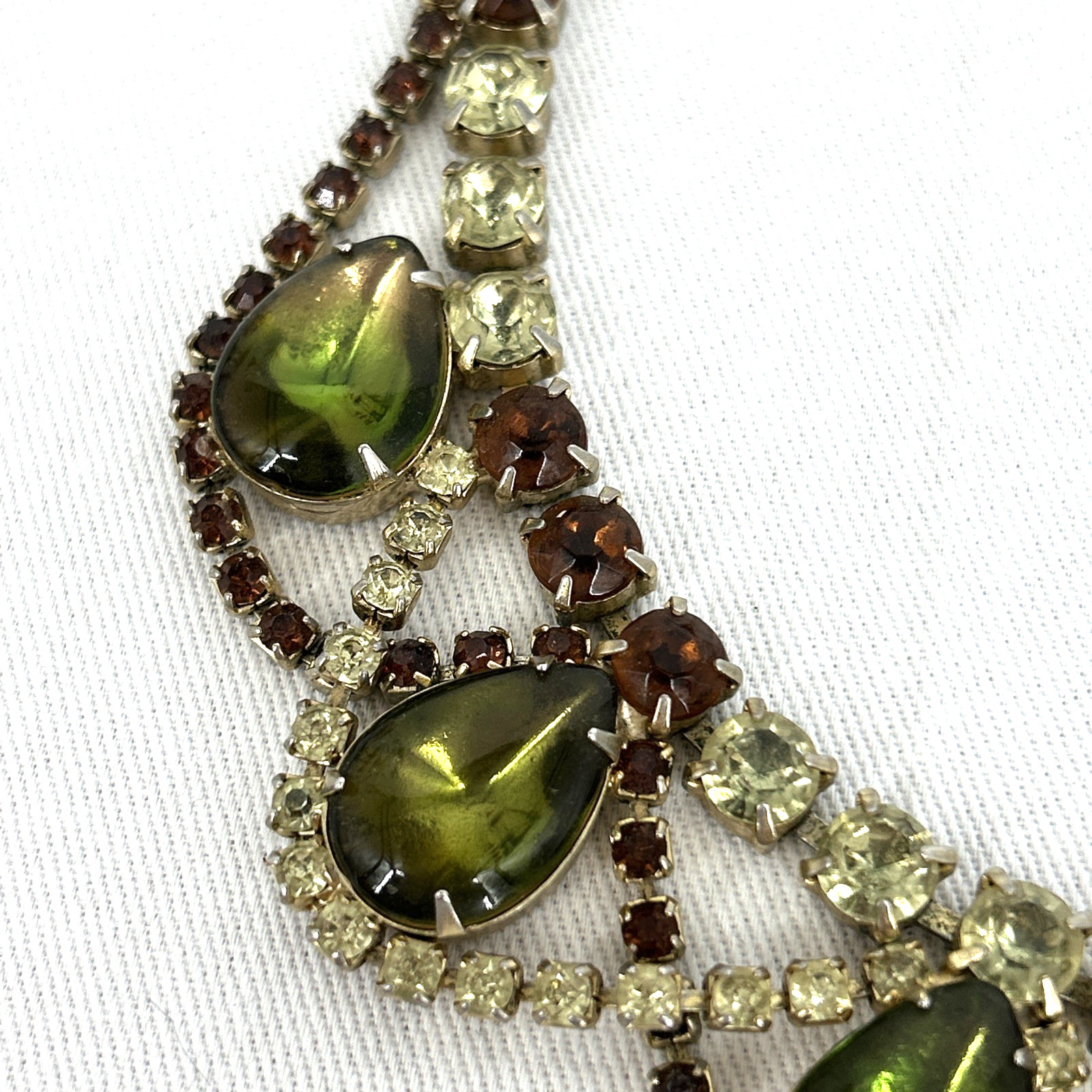 Statement Necklace Rhinestone Jelly Belly Glass Stones Green Brown Clear Unsigne