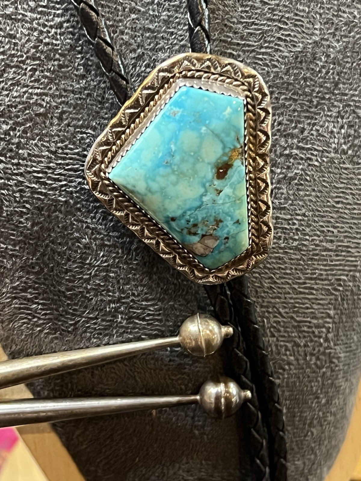 Vintage Southwestern Turquoise Bolo Tie Sterling Tips 32in Braided Leather