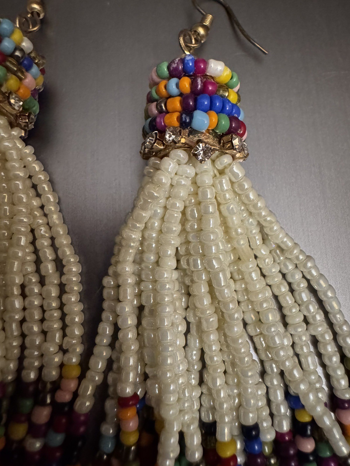 Multicolor & White Two Tone Color Block Seed Bead Tassel Dangle Earrings