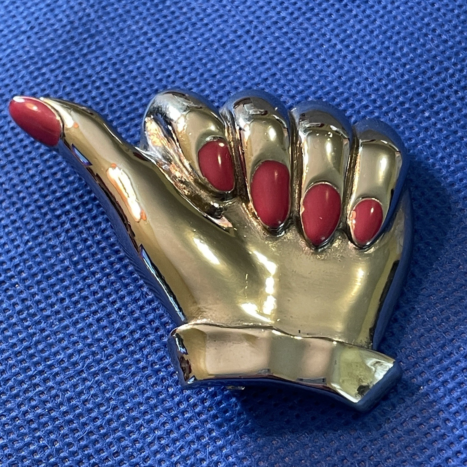 M JENT Hand Brooch Vintage Thumbs-Up Pink Painted Fingernails Silvertone Metal