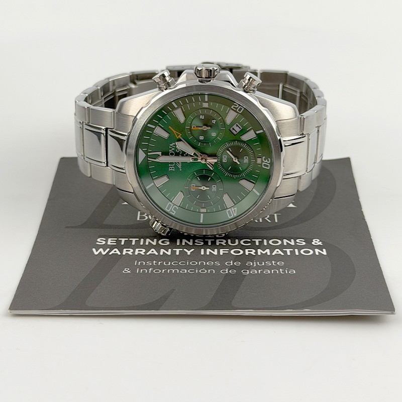 Bulova Marine Star Green Dial 96B396 Steel Men Quartz Watch 43mm Chronograph