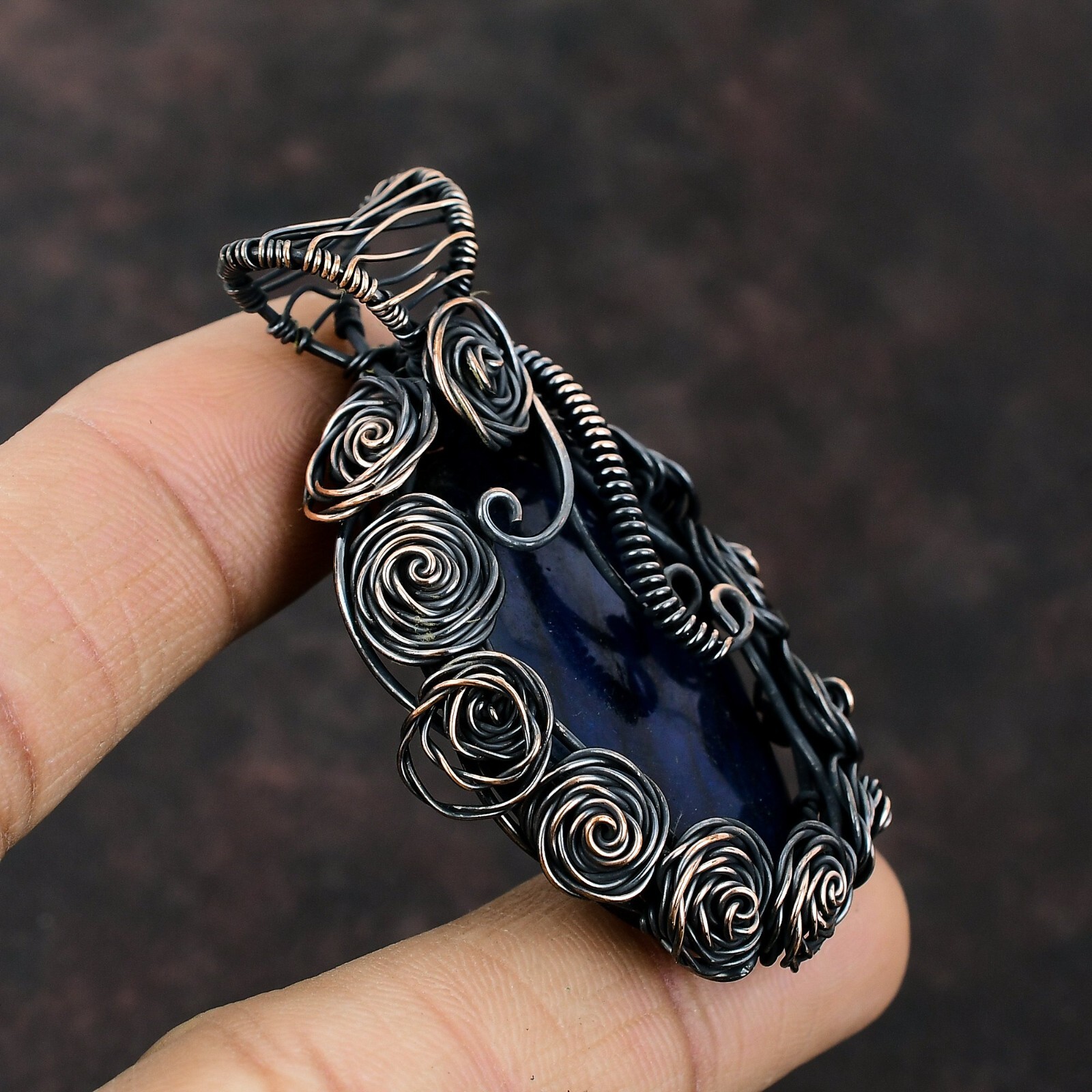 Blue Fire Labradorite Copper Gift For Mum Wire Wrapped Flower Pendant 2.56″