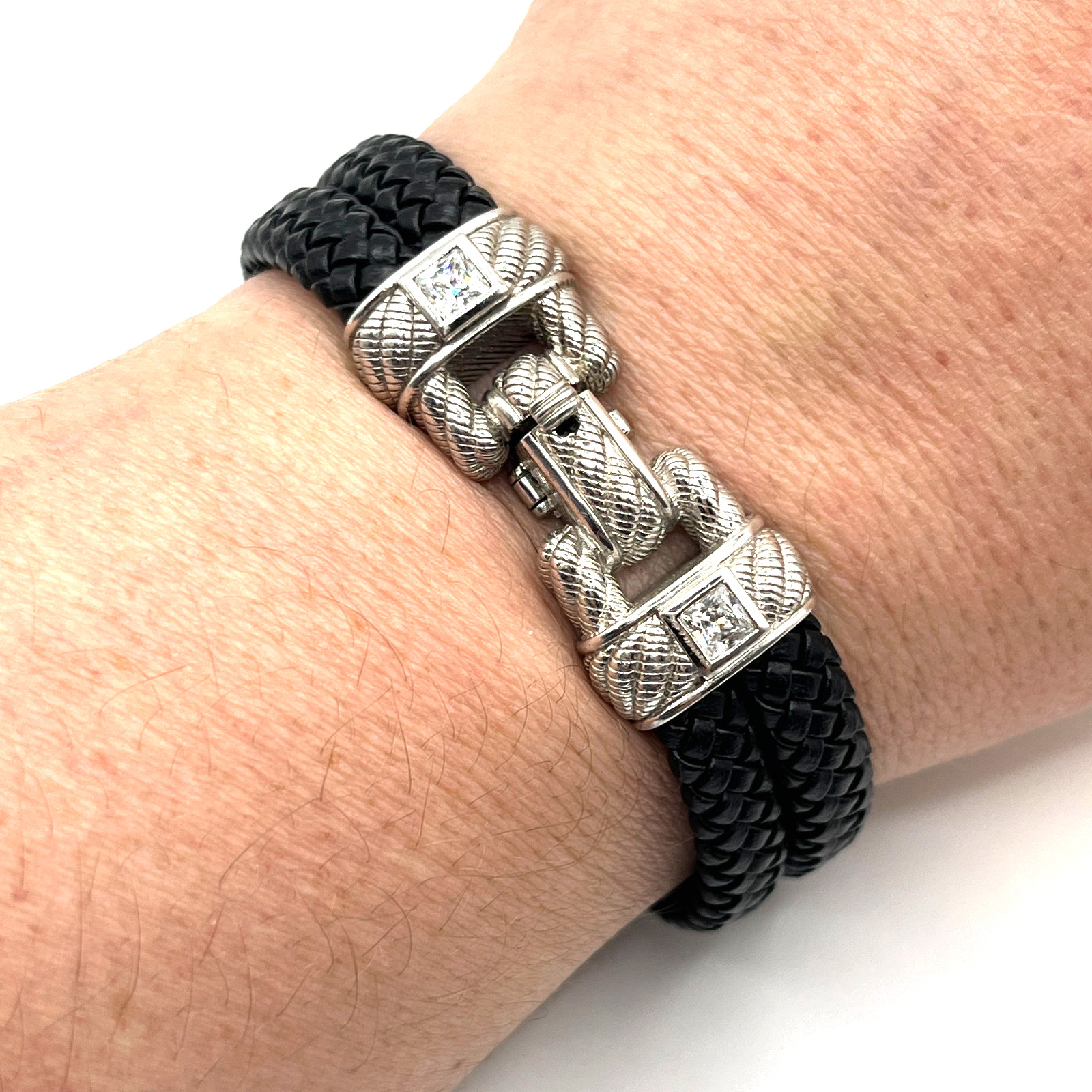 Judith Ripka Bracelet Sz 6.5 Link Black Leather CZ Sterling 925 Push Lock Latch