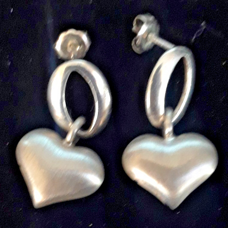 Vintage Sterling Silver Puffy Heart About 1 Inch Drop Earrings