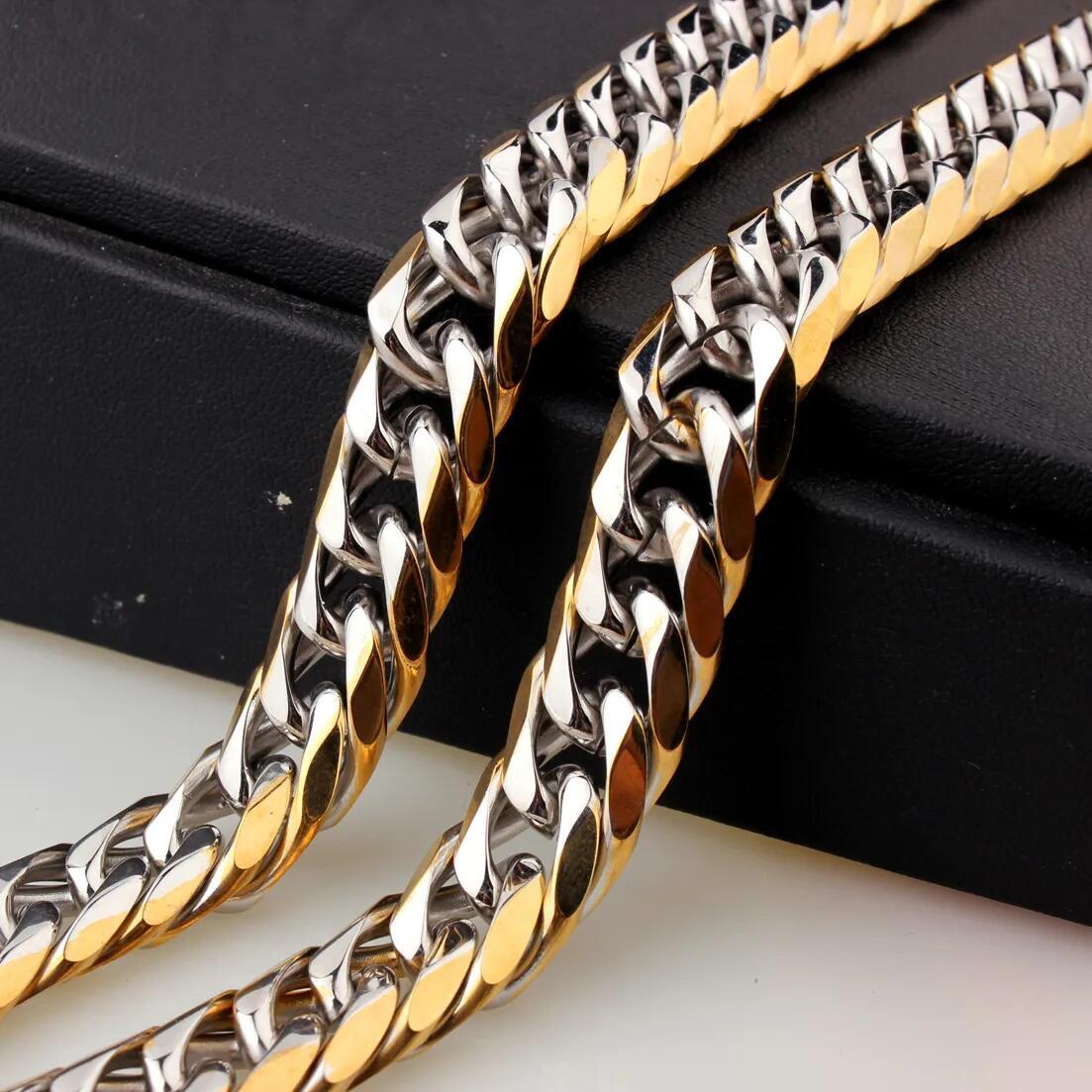 13mm Silver & Gold Tone Stainless Steel Cuban Link Chain Necklace for Men Women