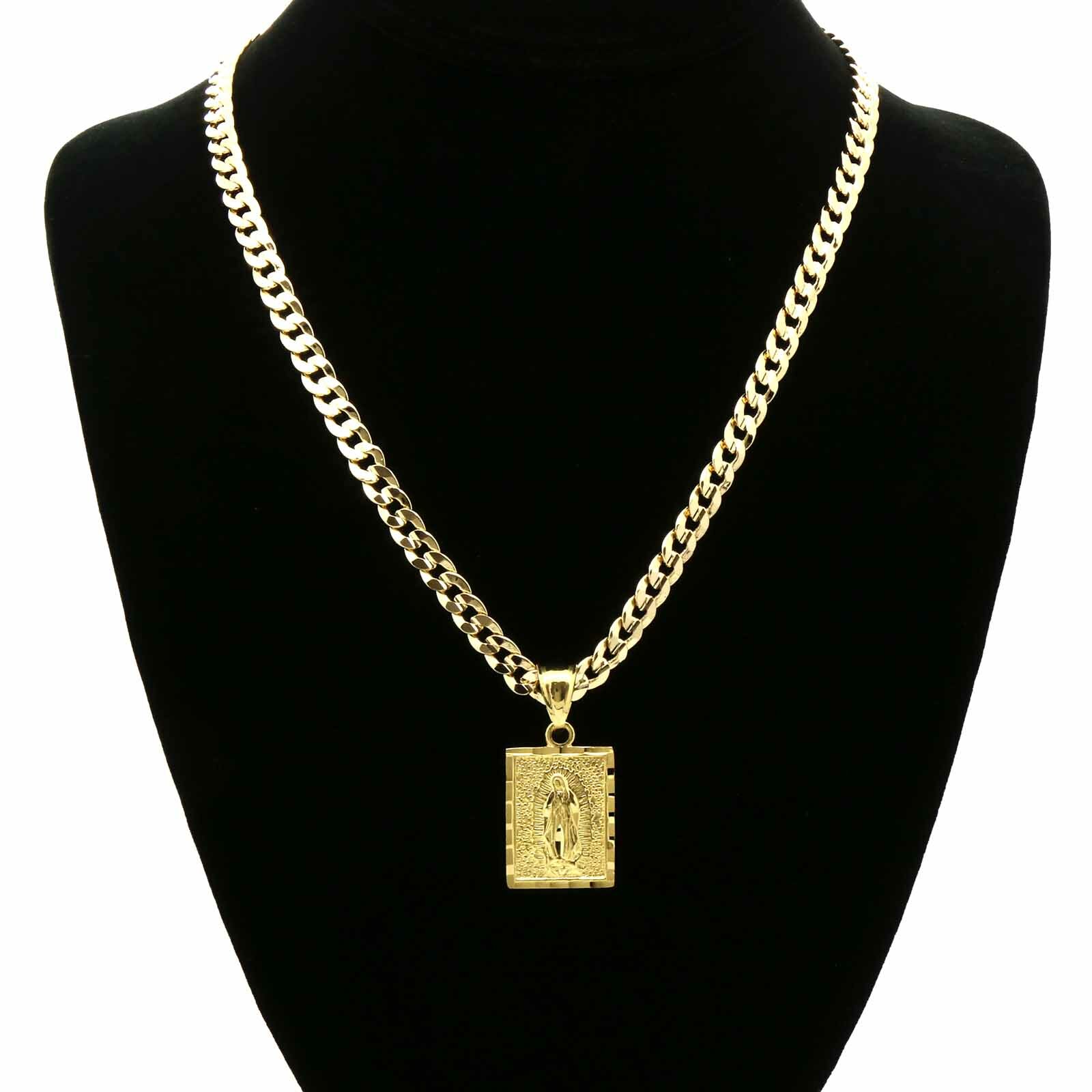 Mens 18k Gold Plated Brass Guadalupe Pendant 6mm 24″ Cuban Chain