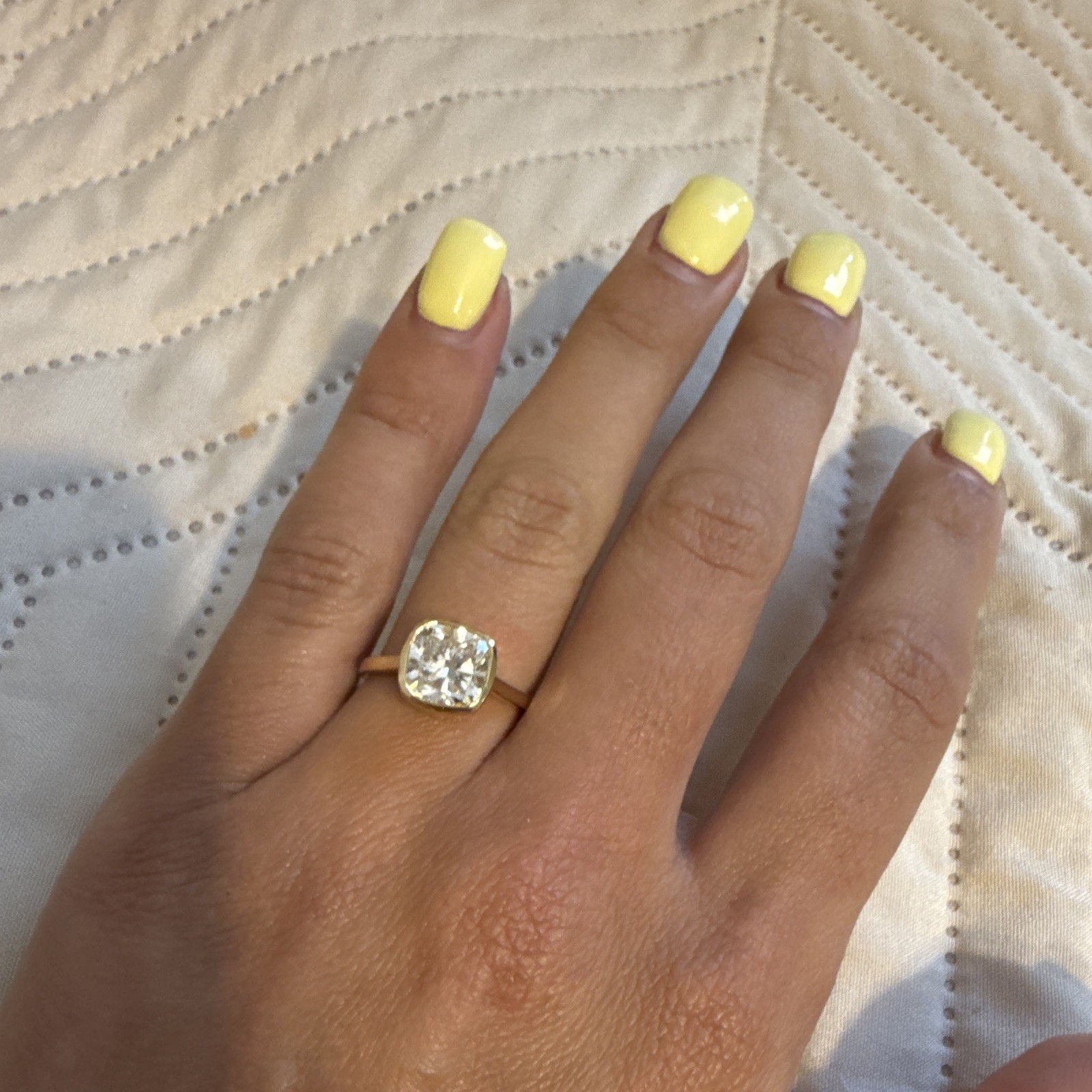 14k Yellow Gold Bezel Set 2.94ctw Lab Grown Cushion Diamond Ring Size 6.5 IGI