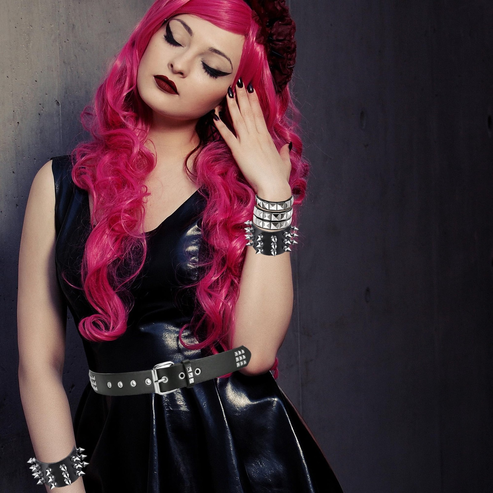 Black Studded Belt & Punk Bracelets Set – Emo Spiked Cuffs, Goth Accessories for