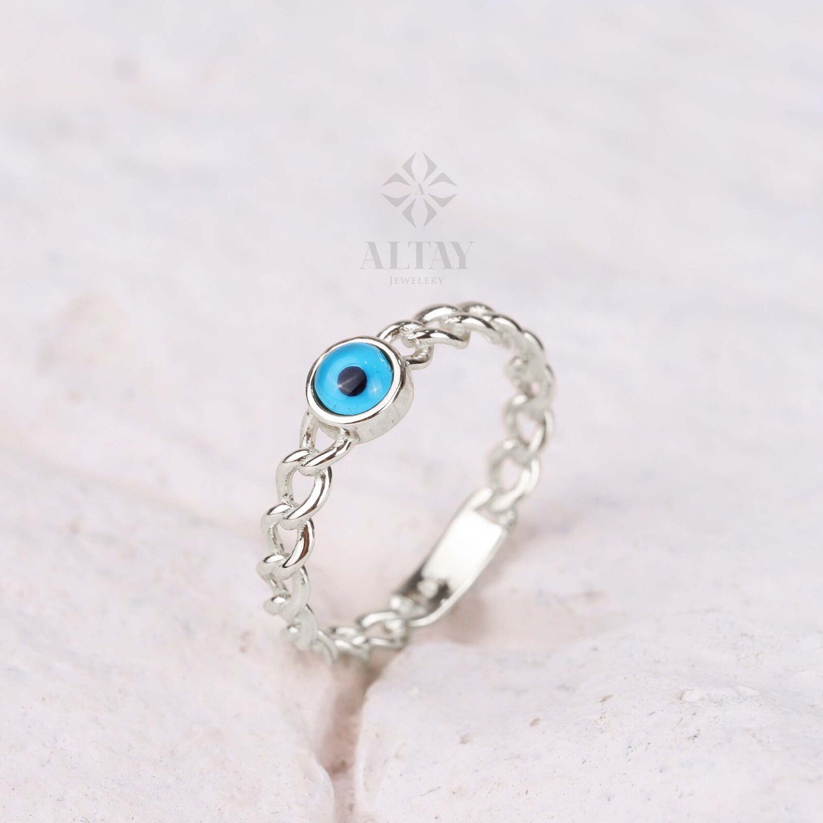 14K Gold Evil Eye Ring, Curb Chain Pinky Ring, Third Eye Ring, Turquoise Protect