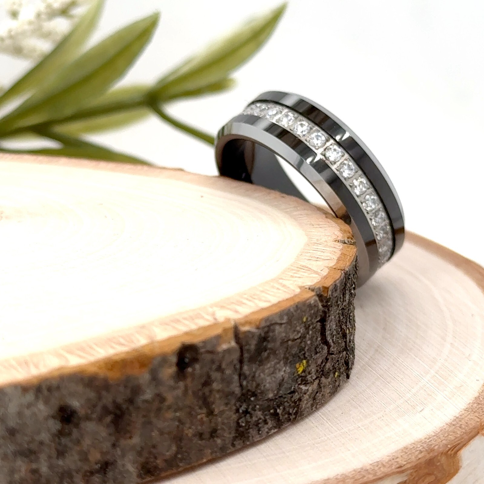 8mm Black & Silver Polished Titanium Ring Pipe Cut White CZ Christmas Gifts Ring