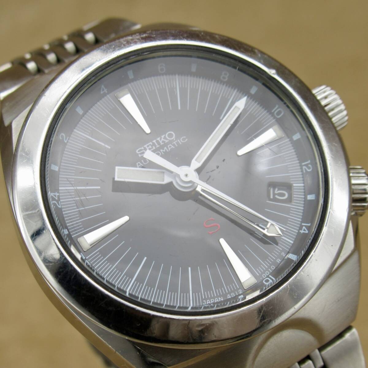 Seiko Sus SUS Mechanical Sus 4S12-0010 GMT Red S Logo Black Dial Silver Metal