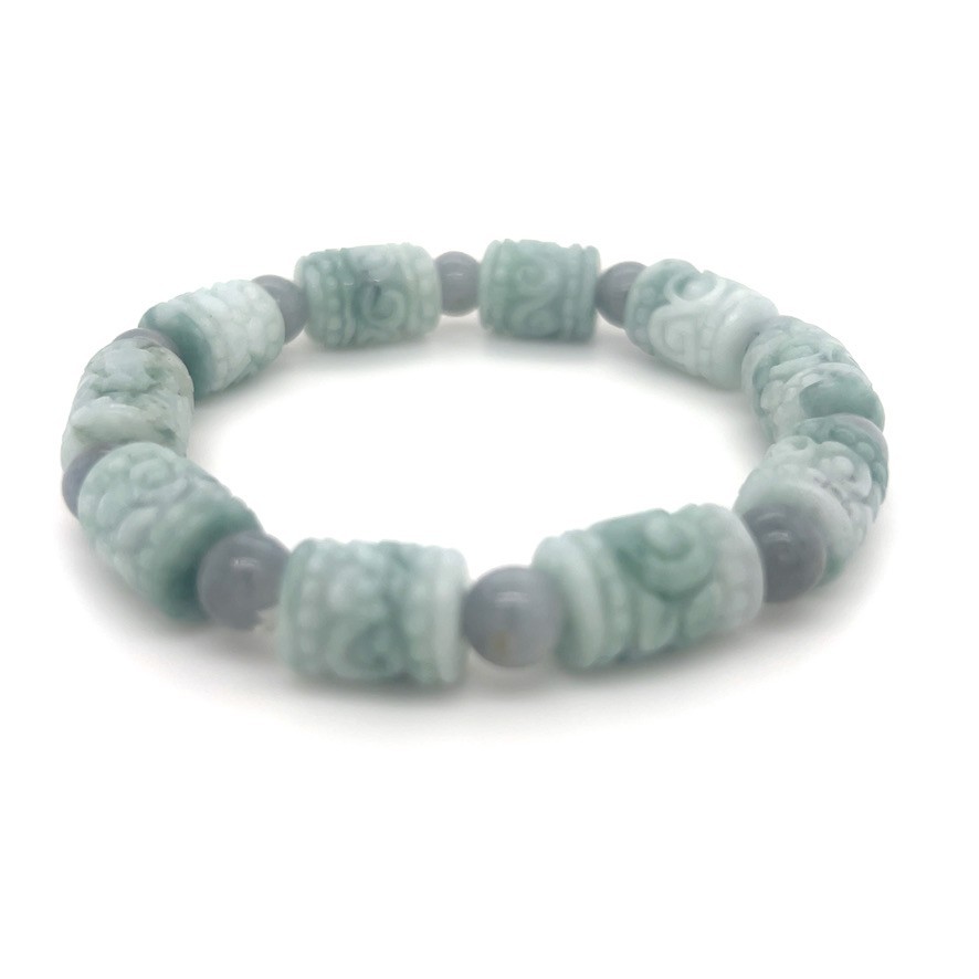 Green Hand Carved Jadeite Barrel Adjustable Bracelet Type A with 翡翠缅紫绿