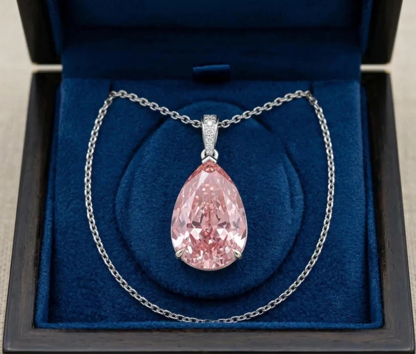 RARE 20 Ct Treated Pear Cut Certified Pink Diamond Pendant, FREE Matching Studs.