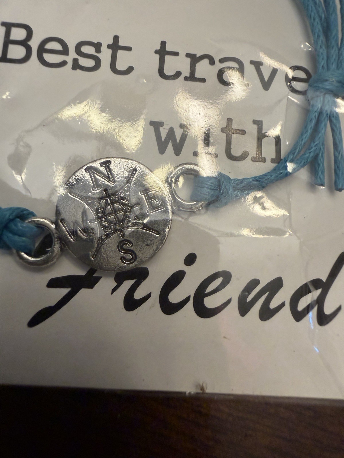 Blue Adjustable Cord Charm Bracelet with Round Compass Dangle, Travel Theme