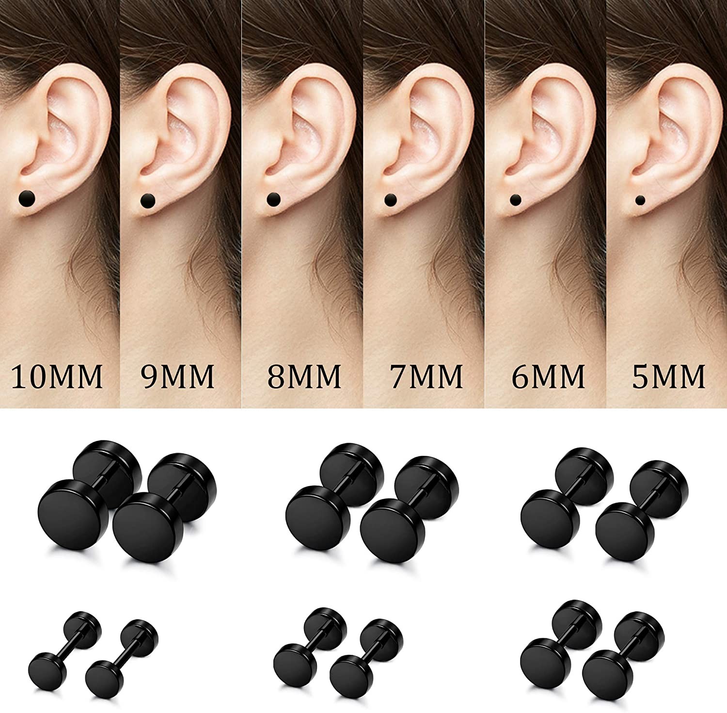 1 Pair Stud Earrings Mens Womens Faux Gauges Ear Tunnel Stainless Steel Earrings