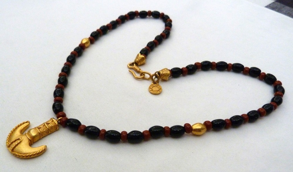 24K GOLD PLATED LINARENA MADE IN COLUMBIA ONYX RED JASPER BEADS NECKLACE