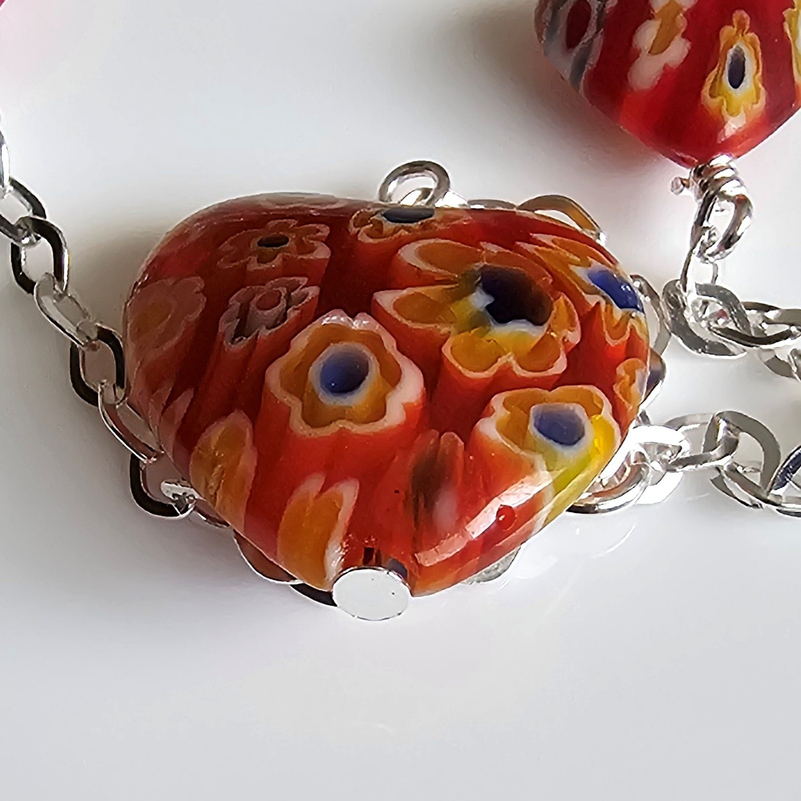Adjustable 9″ 925 Silver Chain Hearts Millefiori Thailand Glass Beads Necklace