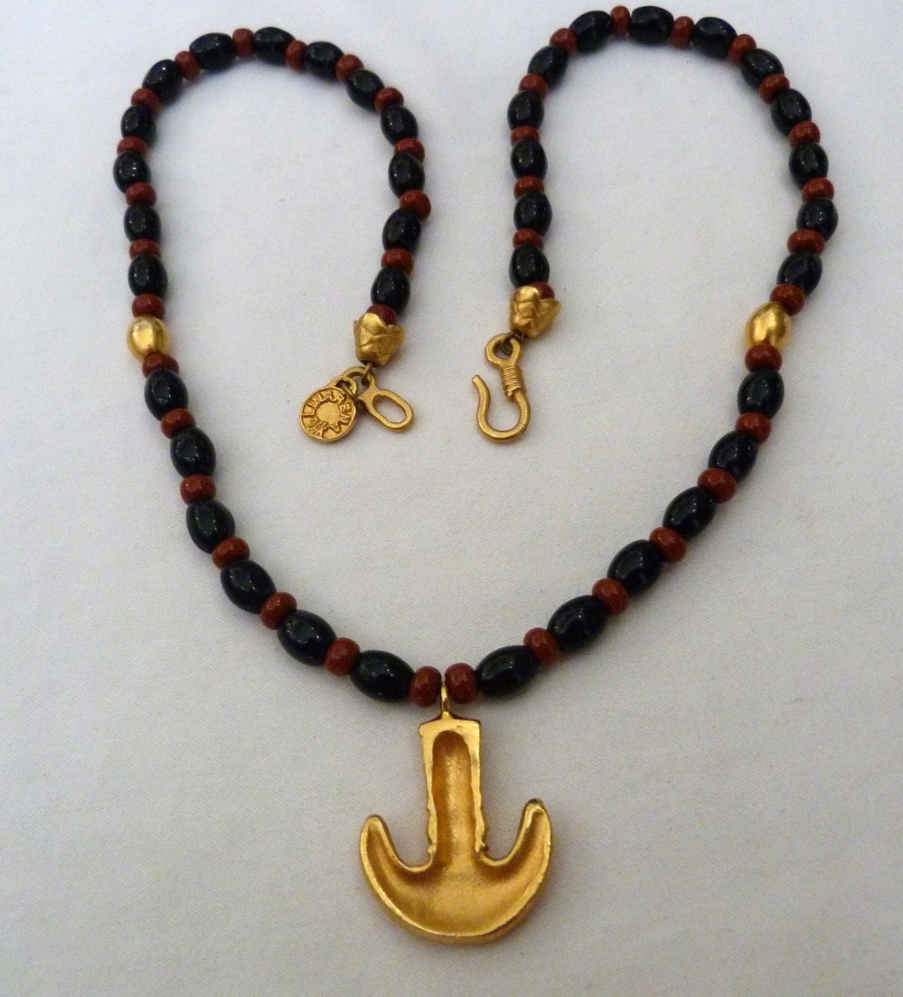 24K GOLD PLATED LINARENA MADE IN COLUMBIA ONYX RED JASPER BEADS NECKLACE