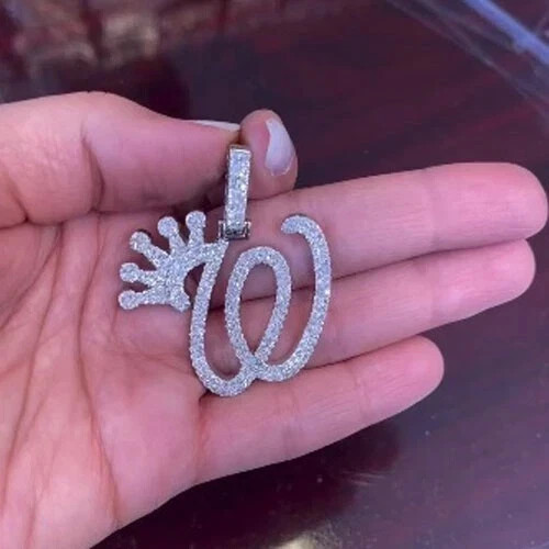 2 Ct Round Cut Real Moissanite Custom Letter W Pendant 14k White Gold Plated