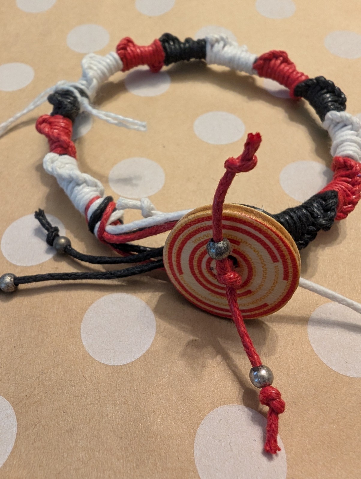 Handmade Cord Bracelet Red Black White Beaded Button Closure Boho Bracelet