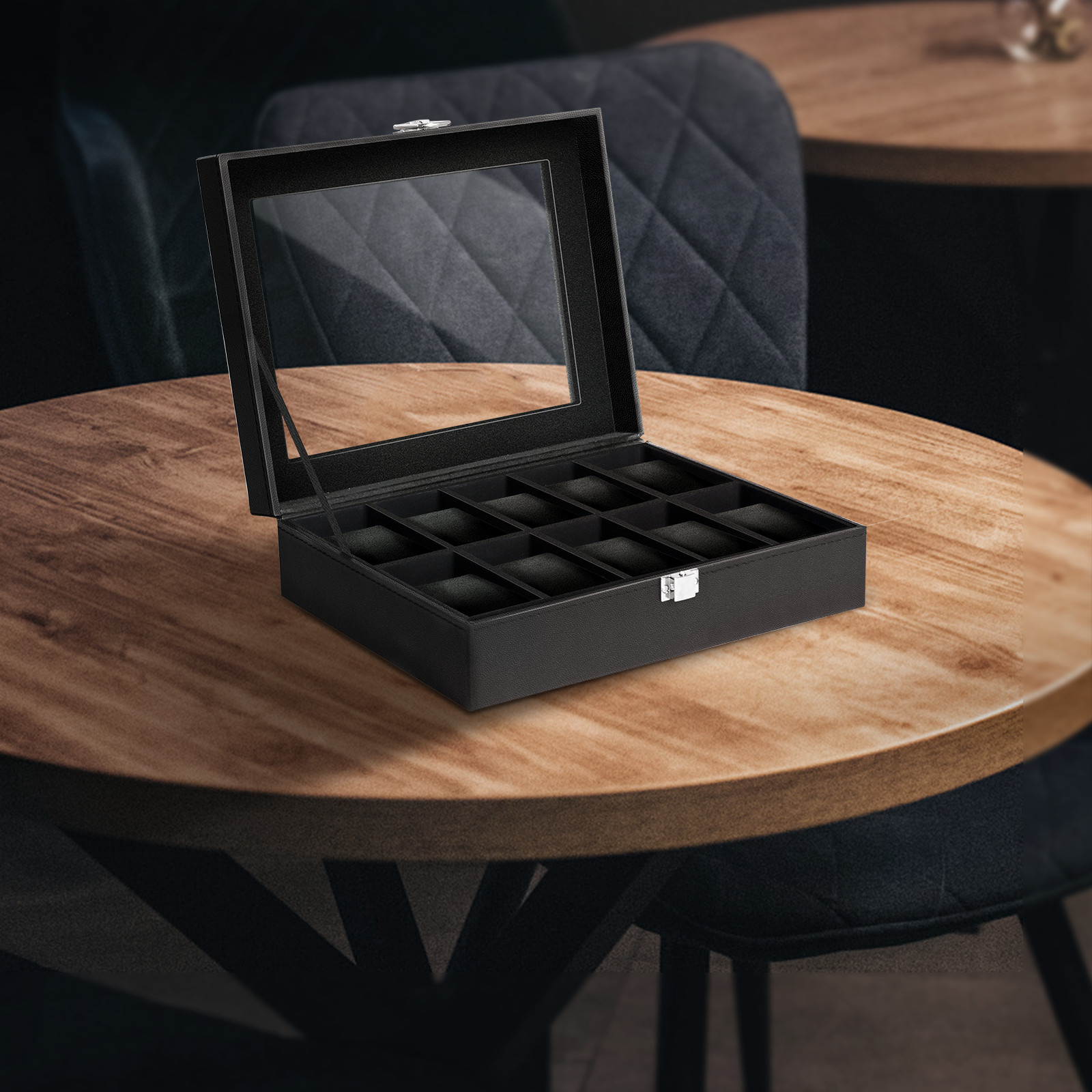 10 Slots Watch Box PU Leather Watch Case Storage Glass Lid Jewelry Display Case