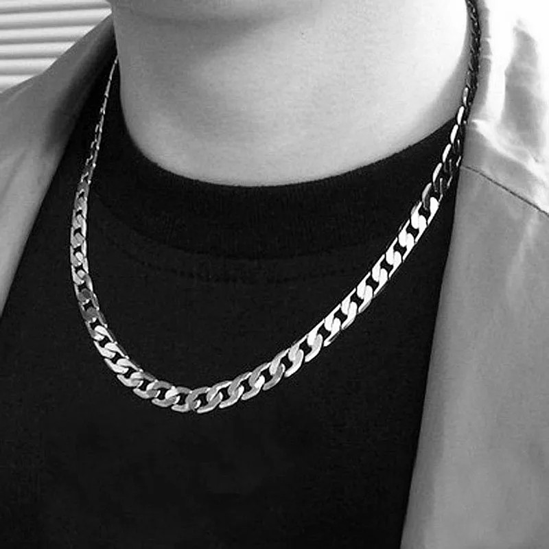 925 sterling silver plated Flat Cuban Chain Necklace For Men Male Neck Jewelry A
