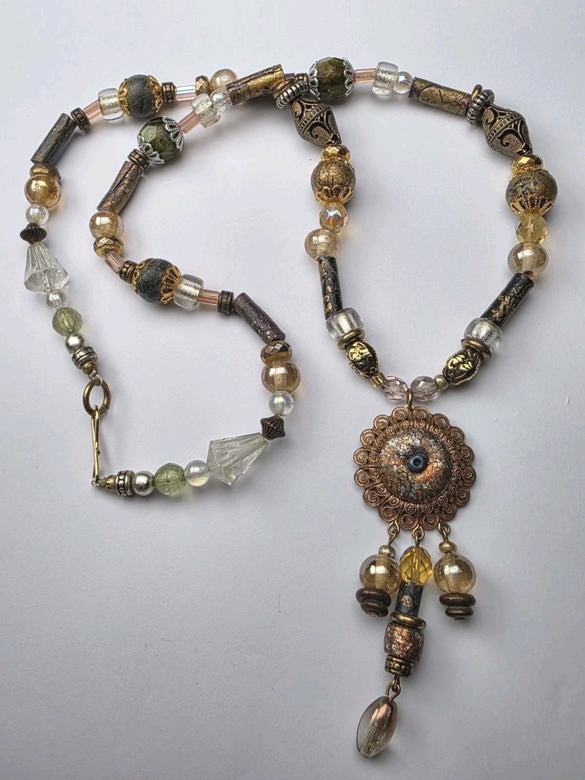 Artisan Foil Glass Beaded Necklace w/ Pendant Tassel 22″ Vintage Style