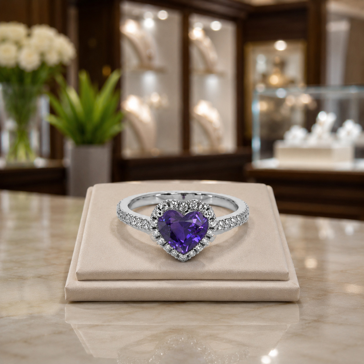 Natural Amethyst & Diamond Wedding Gift Ring 14k White Gold Sz 7 (Import Free)