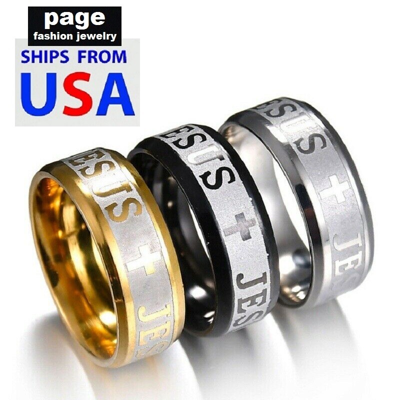 Etched JESUS Cross Silver/Gold/Black Comfort Fit Stainless Steel Ring Sz. 7-11.5