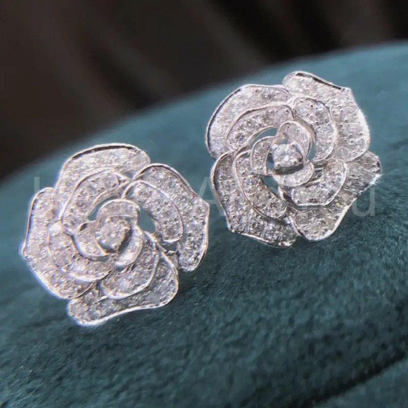 2ct Round Cut Moissanite Rose Flower Floral Stud Earrings 14K White Gold Plated