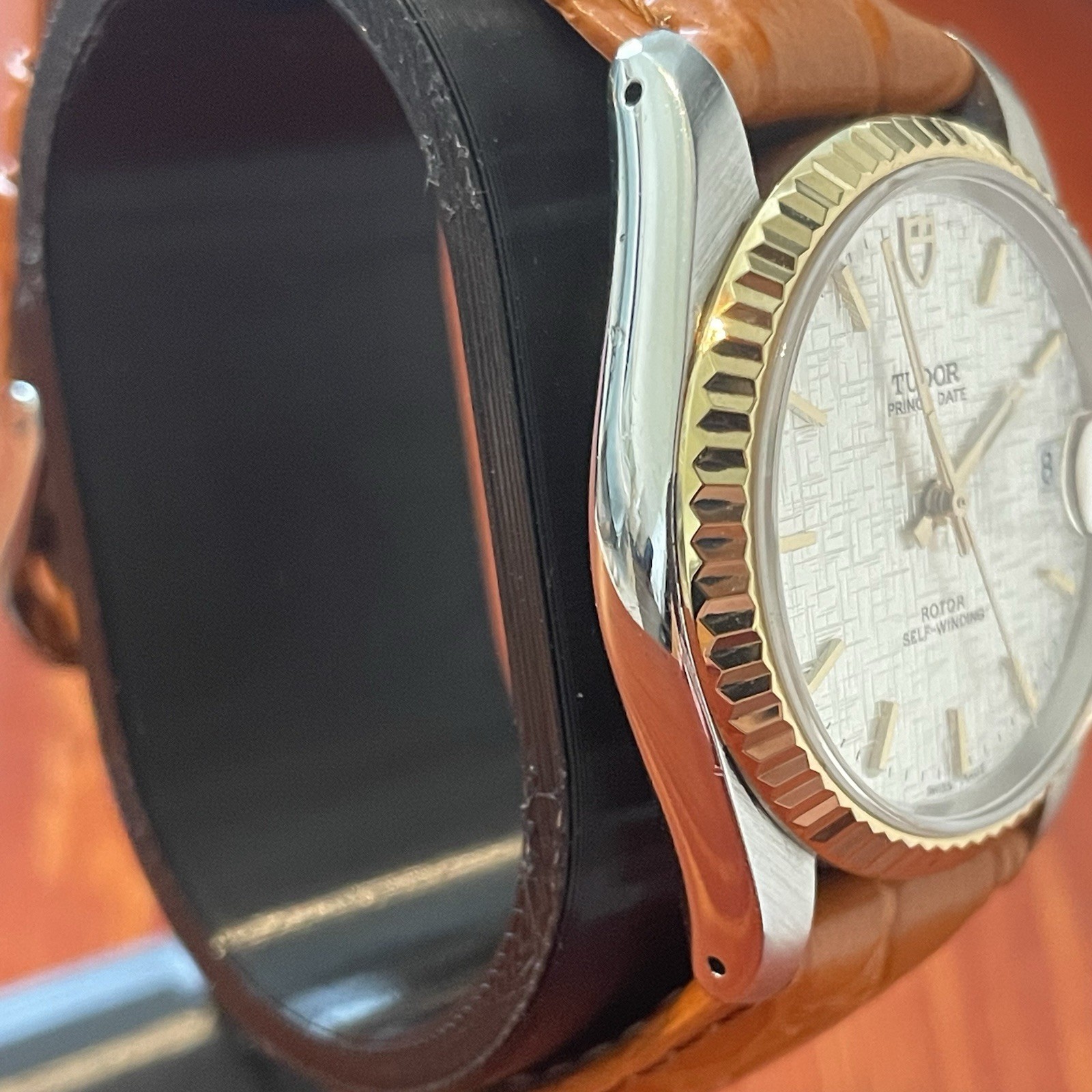 Tudor 74033 Prince Date Silver Linen Dial Fluted 18K Gold Bezel 34mm