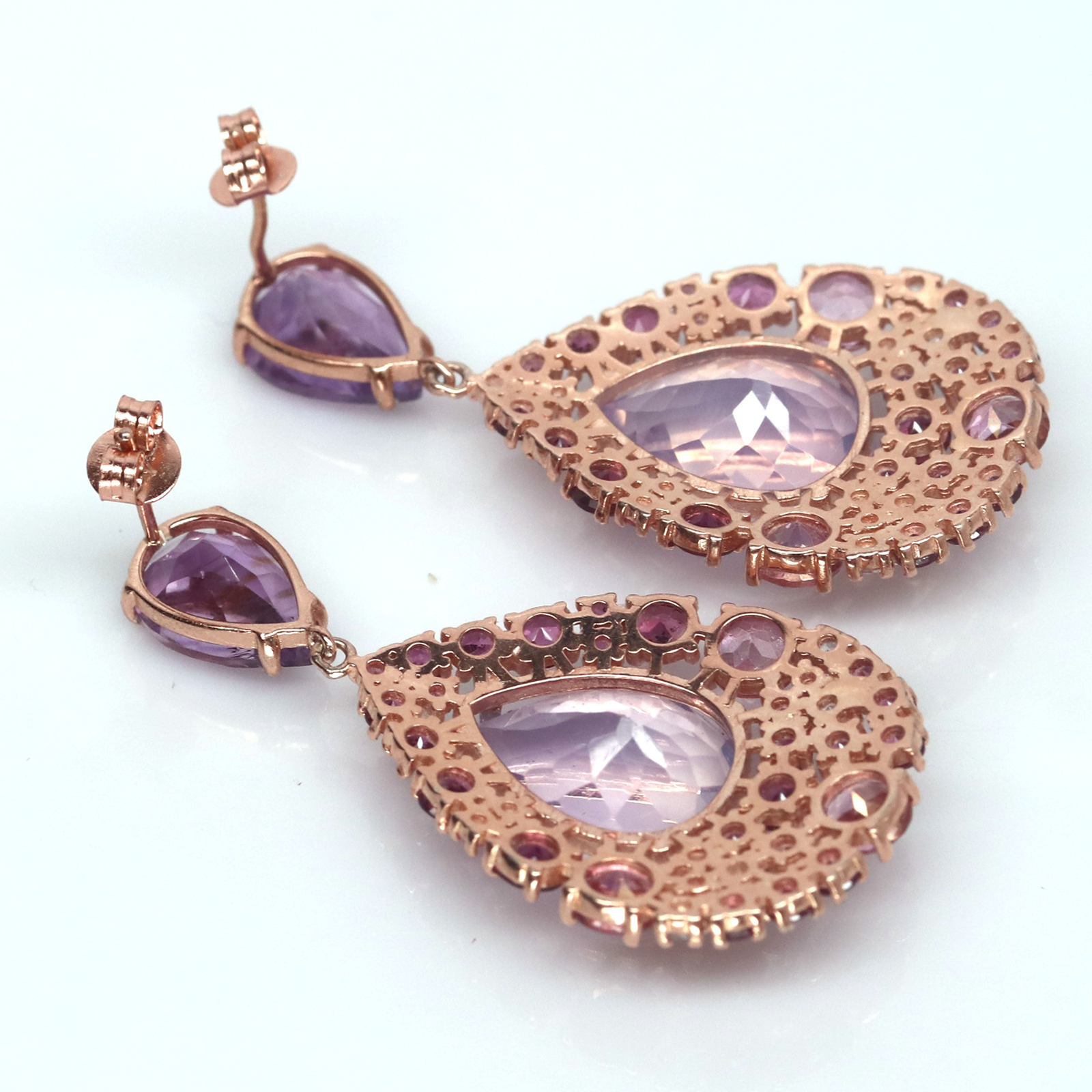 Gemstone 12 X 16 mm. Lavender-Quartz Amethyst Rhodolite…Earrings 925 Silver