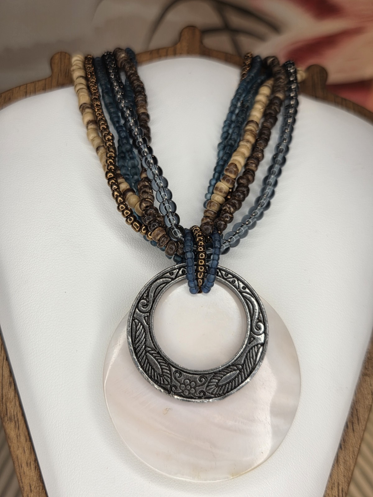 Coldwater Creek Multi-Strand Beaded Necklace Mother of Pearl Pendant Adjustable
