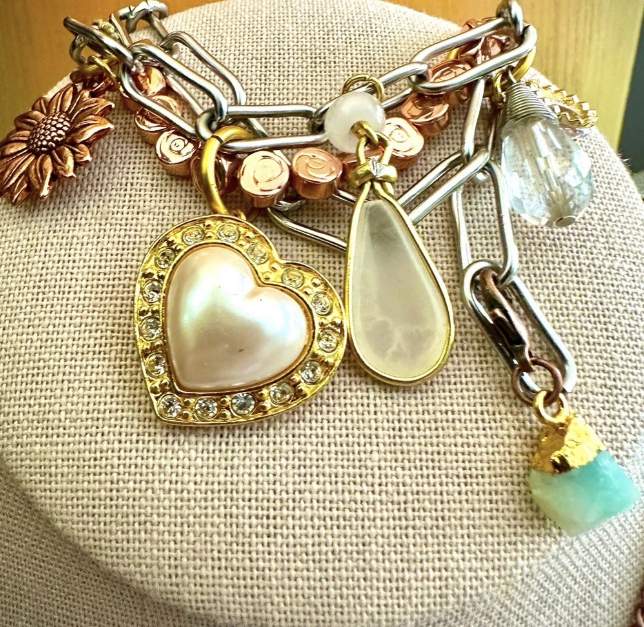Handcrafted Stainless Assemblage Paperclip Metal & Pearls Charm Bracelet