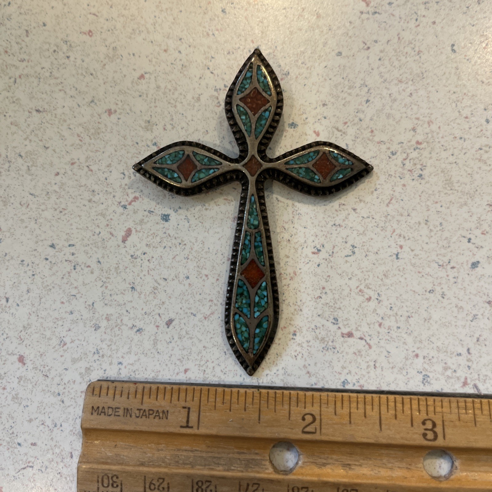 Collectible Vintage Zuni Turquoise & Coral 925 Cross Pend.