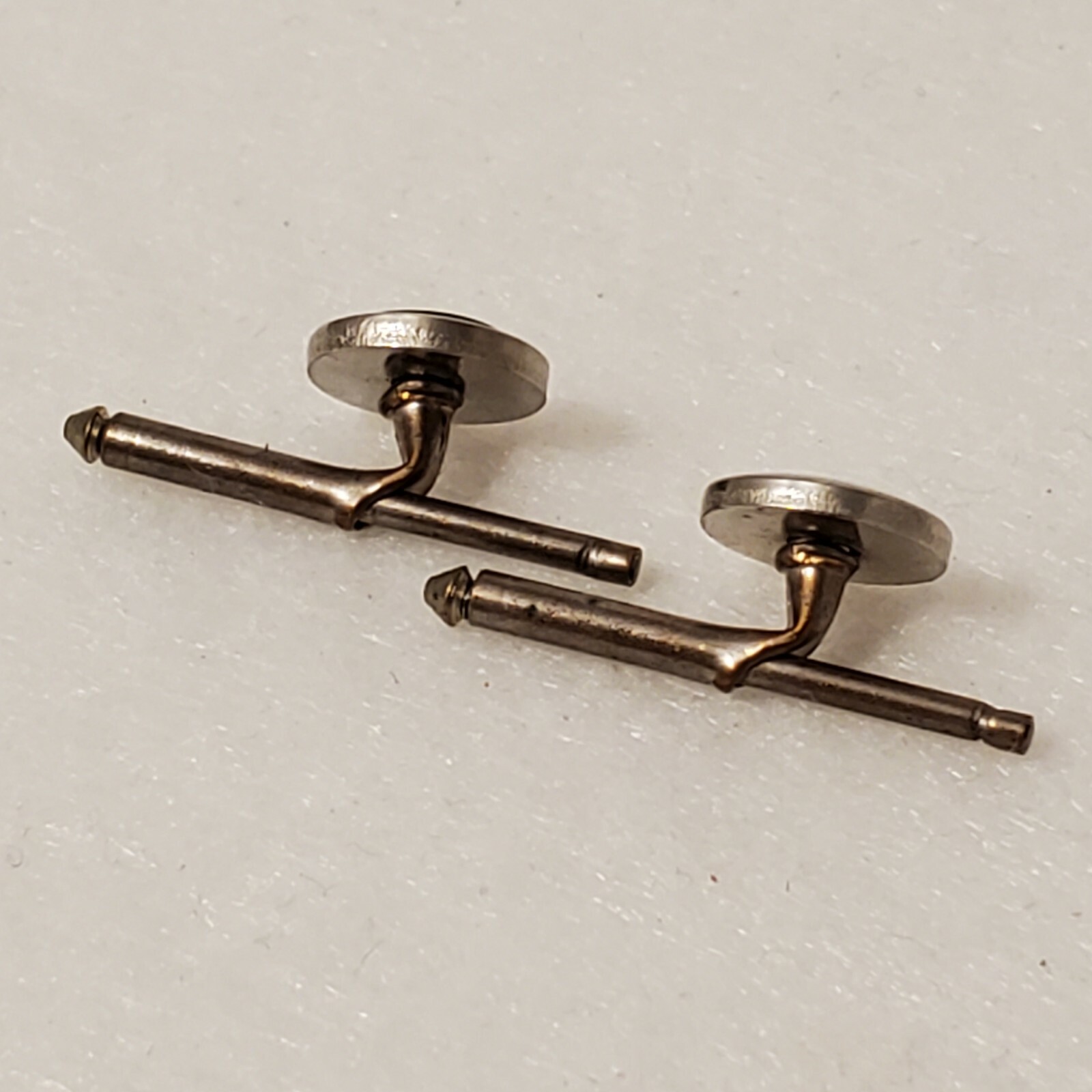 vtg cufflinks round pearlescent stone gray grey pull out pin about 1 inch long