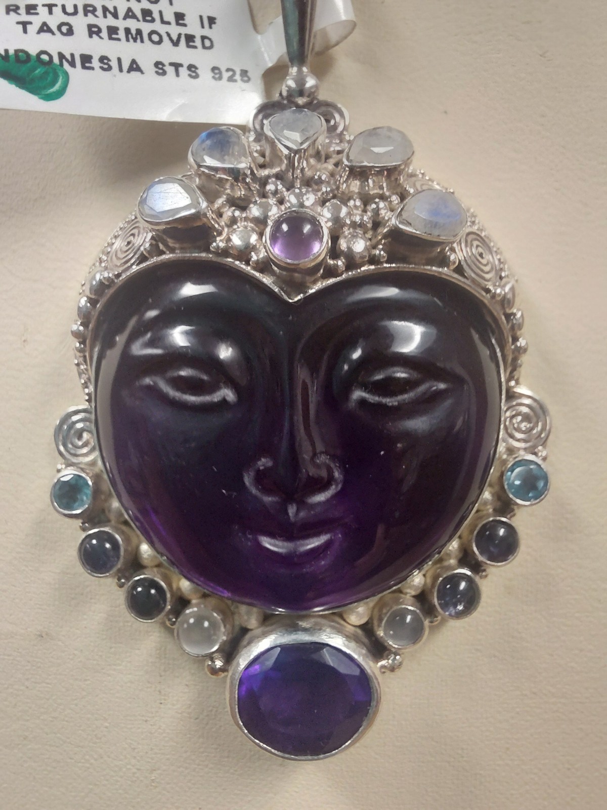 Sajen Sterling Silver Amethyst Carved Godess Face Pendant 2 1/4″ Long New NWT