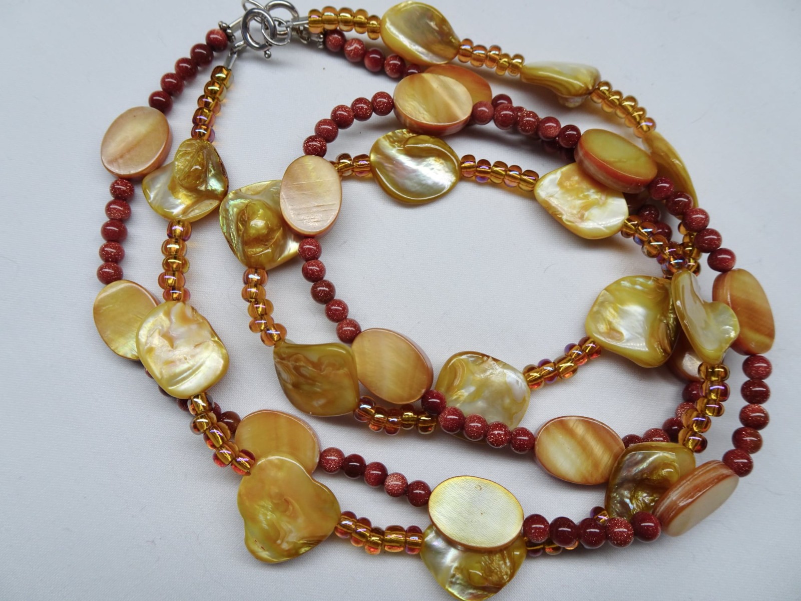 TWO Hand Crafted Necklaces Goldstone Shell Glass 18 1/4″ & 19 1/2″ N9 DNG