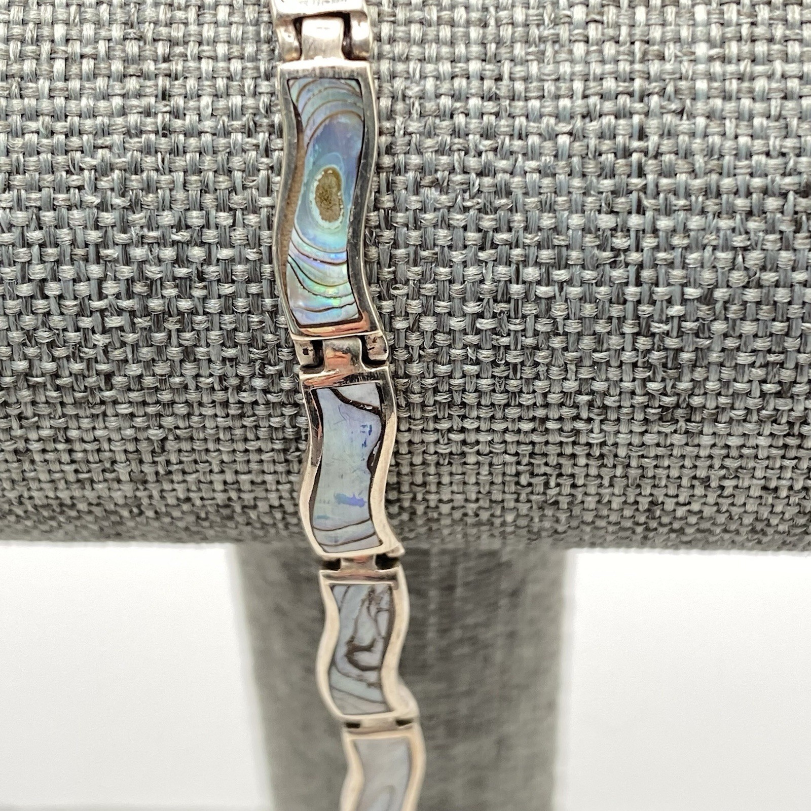 925 Sterling Silver Bracelet Blue Green Abalone Shell Inlay Wavy Link Vtg 7.25”