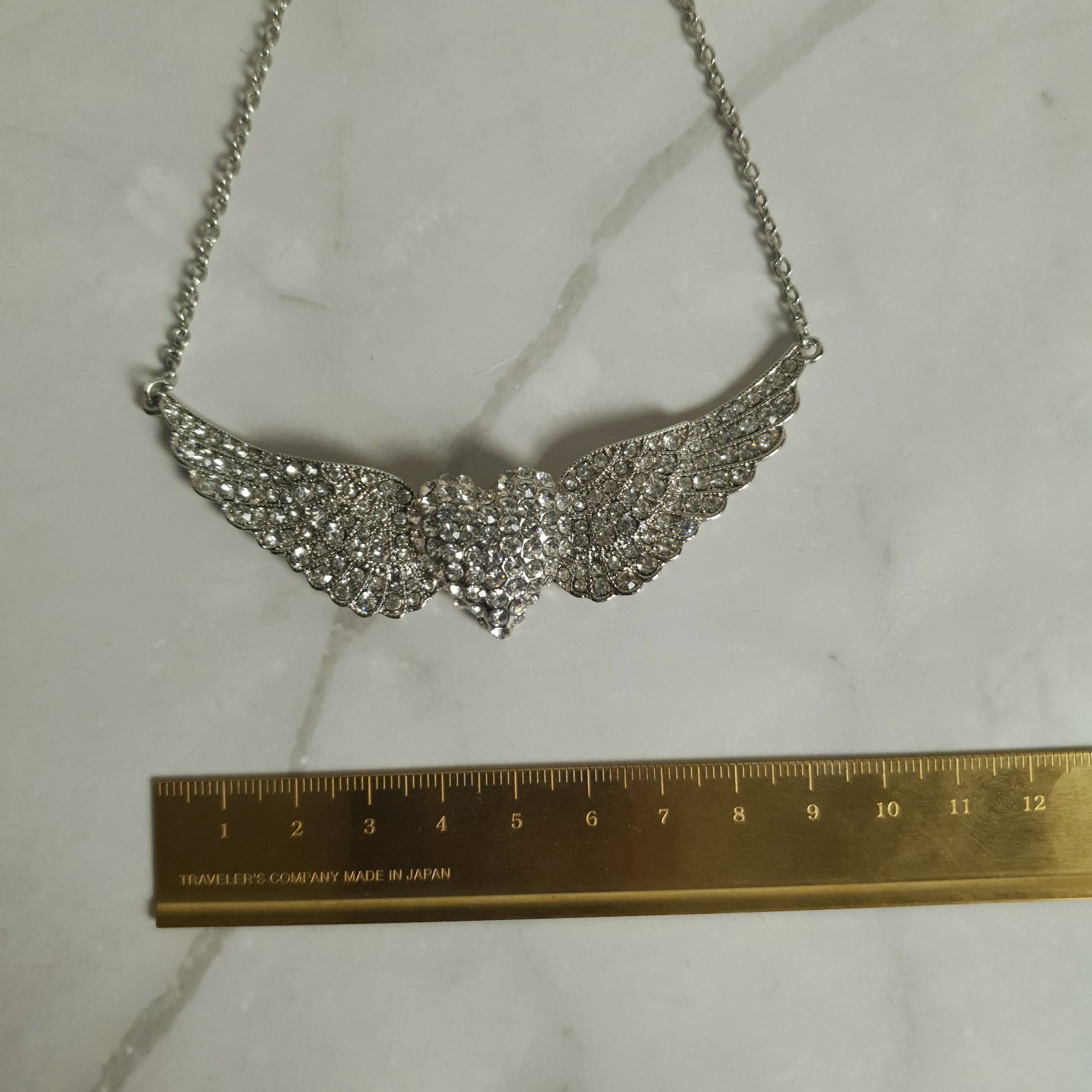 Mikey Crystal Angel Wings Heart Necklace Silver Tone Statement New Unworn Gift