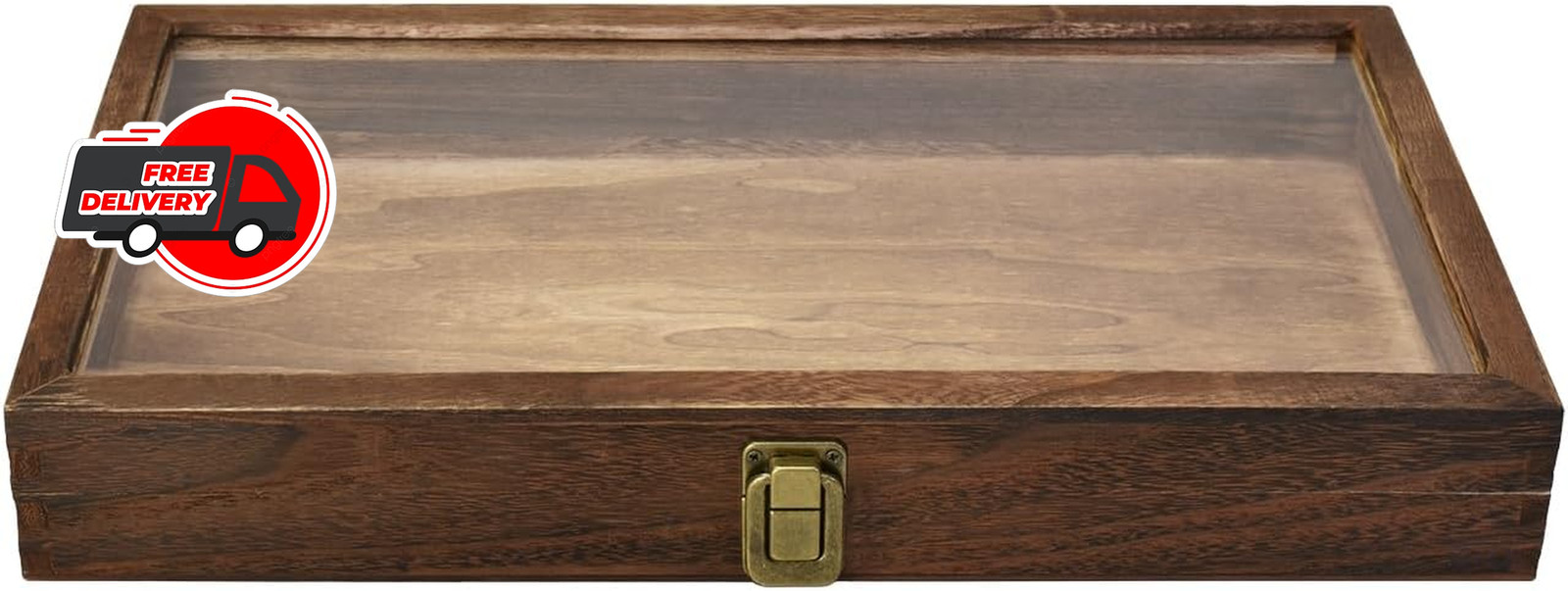 Wooden Jewelry display case with Tempered Glass Top Lid, Brown ,15×8.5×2 Inches