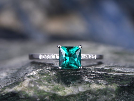 1.15 Ct Princess Natural Emerald Diamond Engagement Ring 14K White Gold Size 7