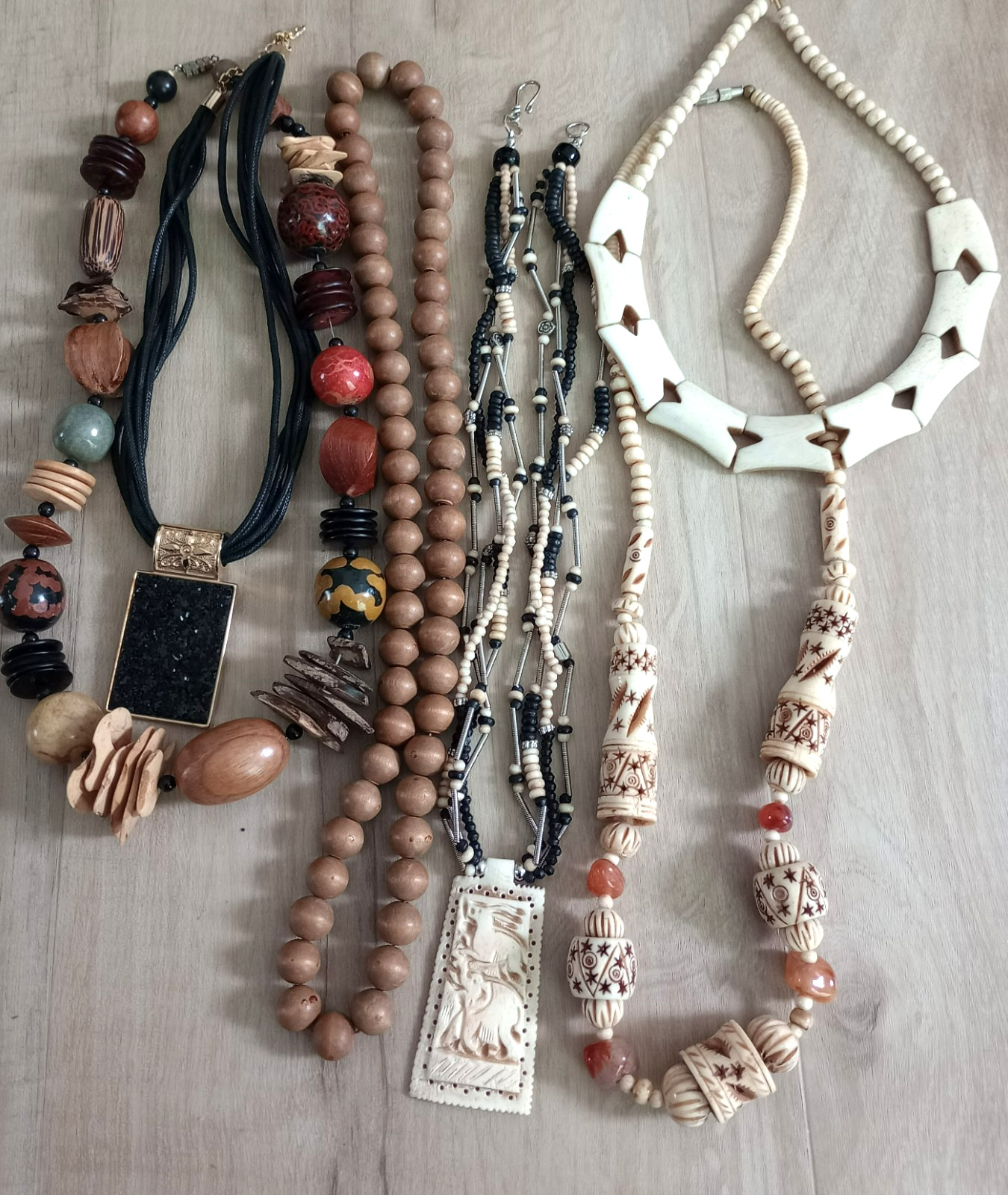 Tribal/ethnic lot of 6 necklaces, bone, wood beads, multi-media see pics