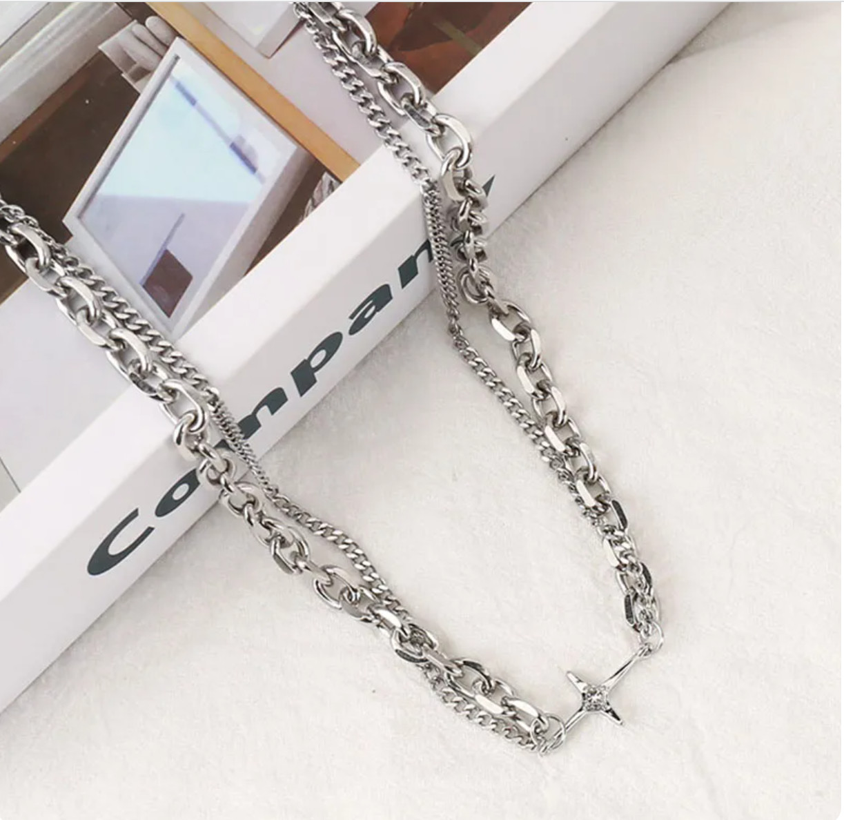 Trending Hip-Hop Multi-Chain Silver Necklace w/ in-line Cross Pendant – 21 1/2″