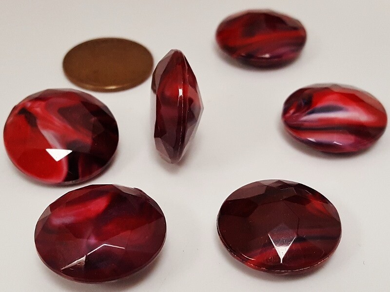 12 VINTAGE RED MARBLE ACRYLIC 20mm. ROUND FACETED RHINESTONE GEM JEWELS N449
