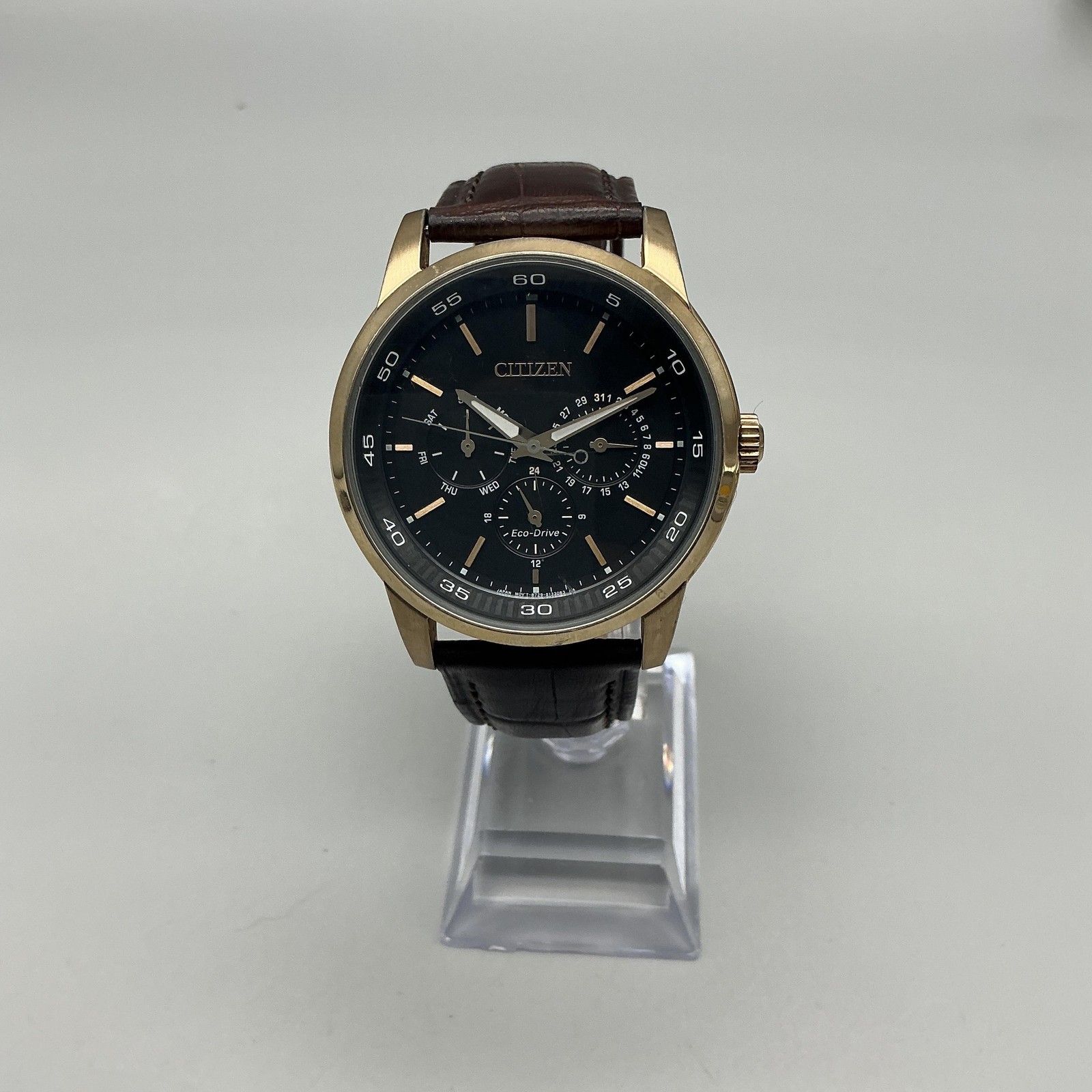 Citizen Eco-Drive Mens Watch 44mm Black Dial Brown Leather 8729-S093040 Day Date