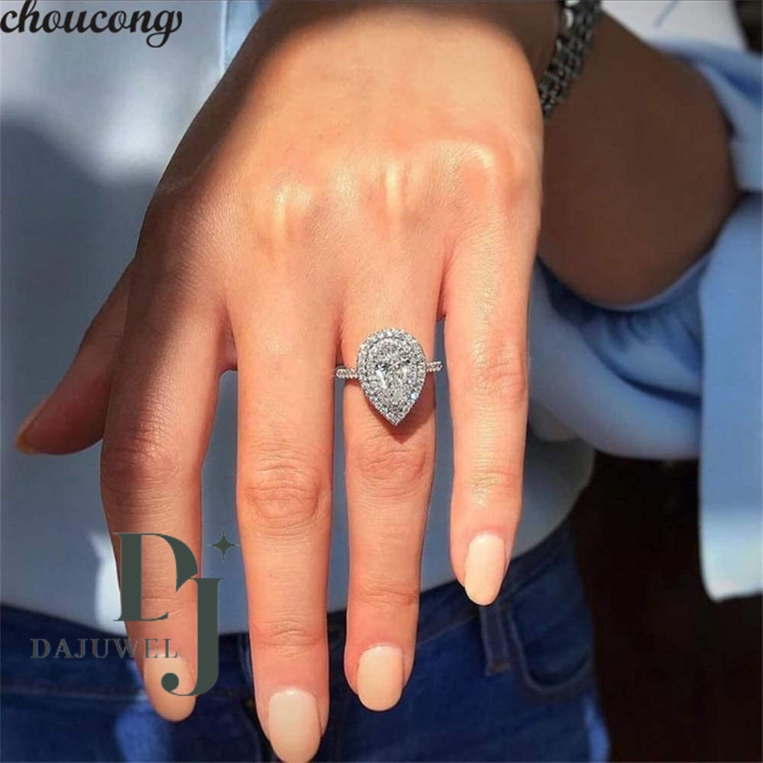 3 CT Pear Cut Moissanite Double Halo Engagement Ring Solid 14K White Gold VVS1