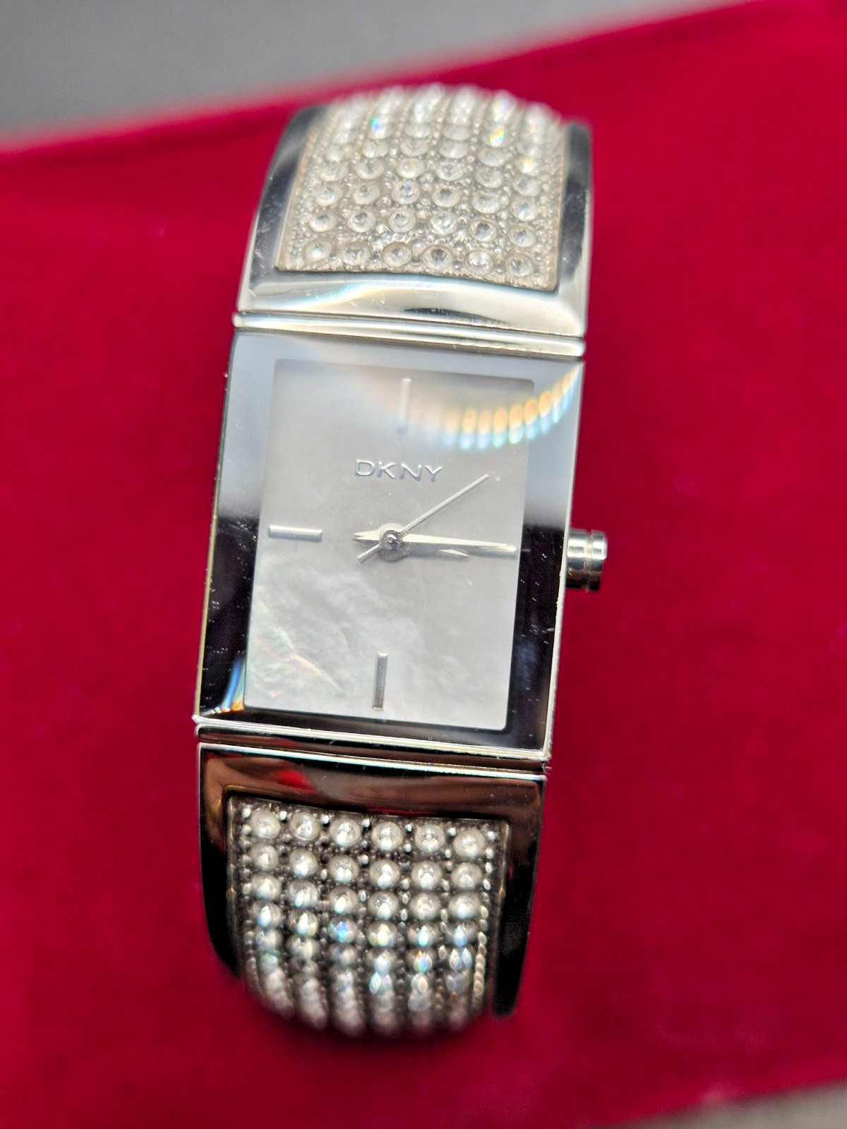 DKNY Ladies Rectangular Case Crystal Studded Semi Bangle Watch-VGC/Working