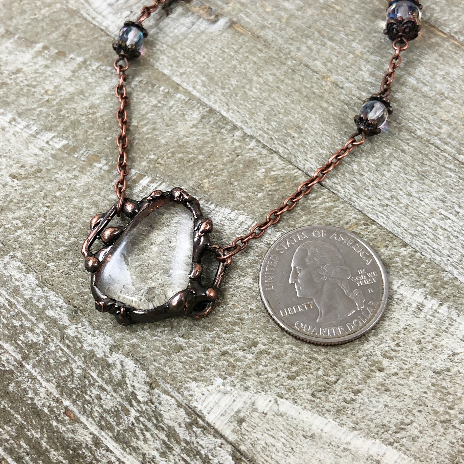 Antique Copper Soldered Clear Quartz Crystal Pendant with Faceted Moonstones